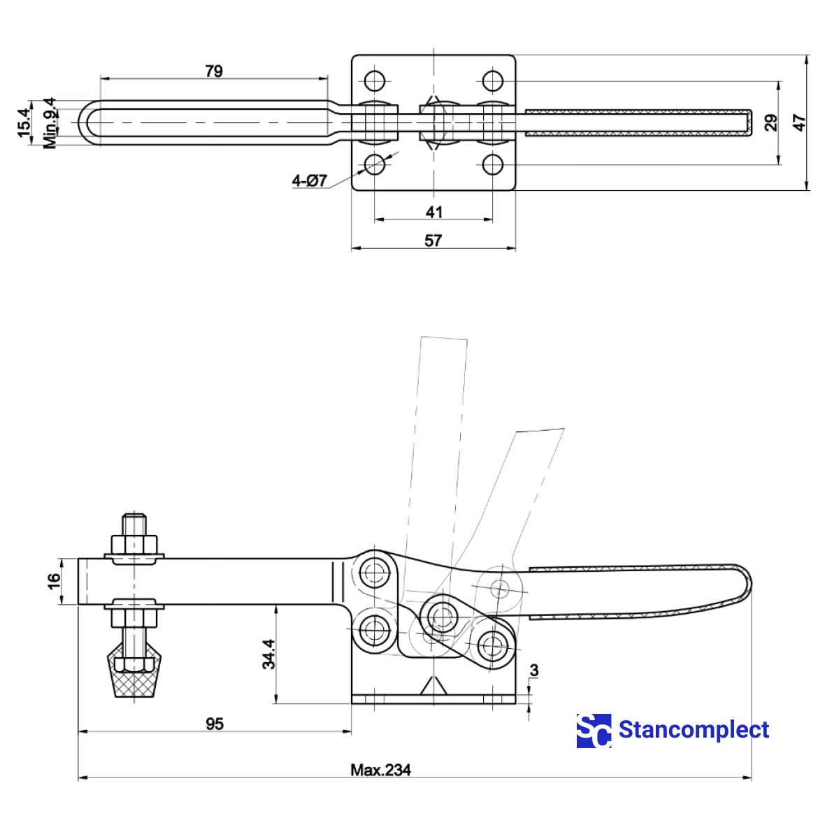 Quick release horizontal toggle clamp ST-203-FL - holding capacity 227 kg